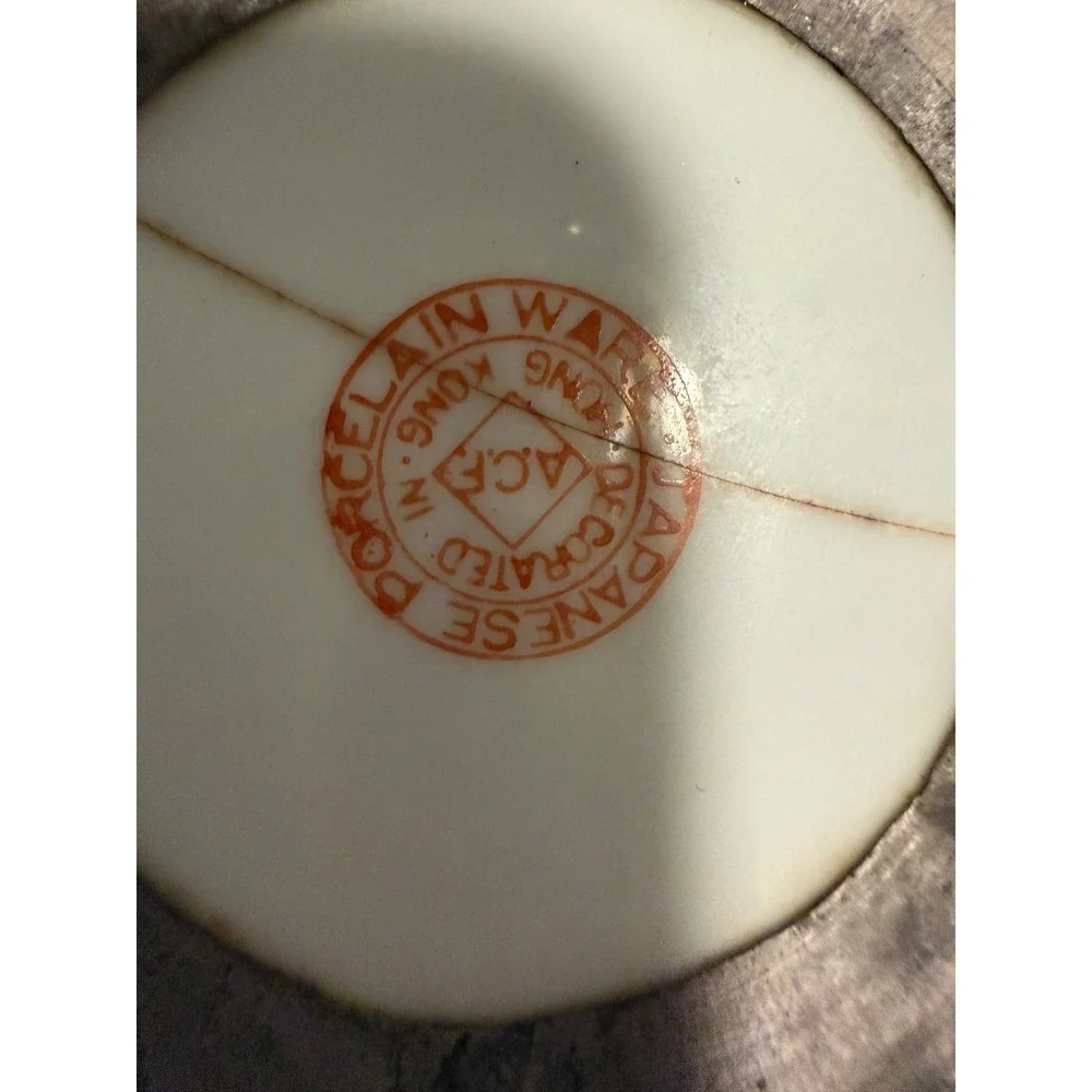 Vintage ACF Japanese Porcelain Ware Pewter Encased Bowl Hong Kong Floral  6